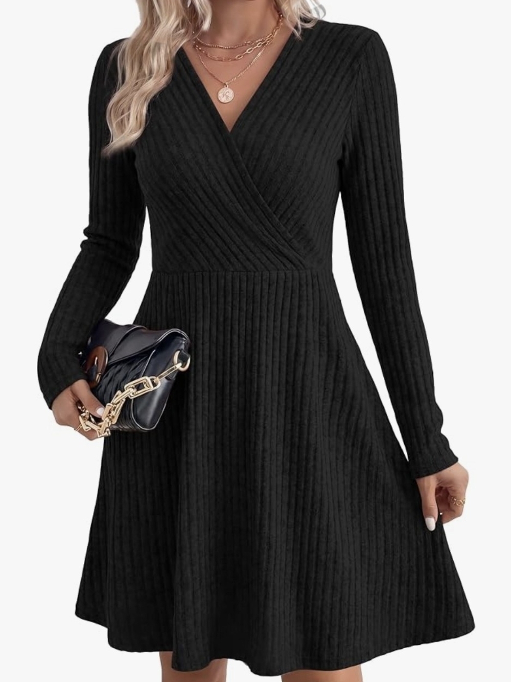 Women's Black Ribbed Wrap V-Neck Long Sleeve Dress